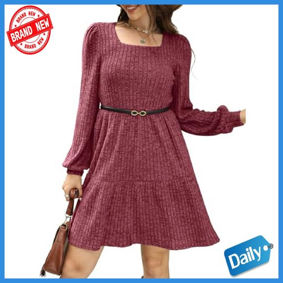 Long Sleeve Babydoll Sweater Dress Square Neck Flowy Tunic - Picture 5 of 8